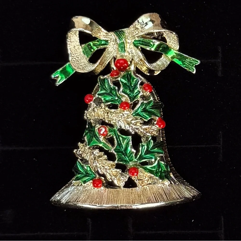 Vintage goldtone, movable, holiday festive Christmas, red, green, bell brooch